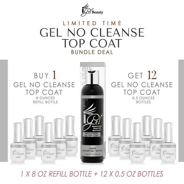 IGEL Gel Top Coat No Cleanse (No Wipe) Refill 8oz & 12 Bottles 0.5oz - TTT Nails Supply