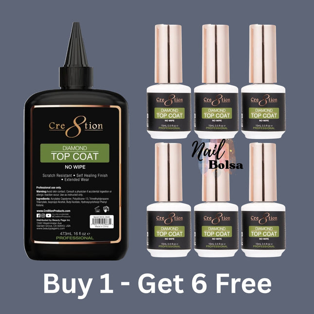 Cre8tion Diamond No Wipe Gel Top Coat Refill – 16oz + FREE 6 Bottles (0.5oz)