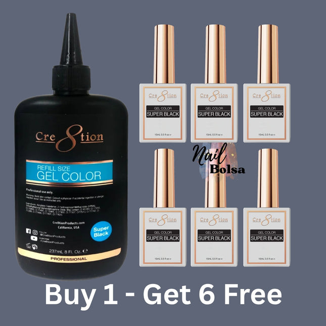 Cre8tion Soak-Off Gel Super Black Refill – 8oz + FREE 6 Bottles (0.5oz)