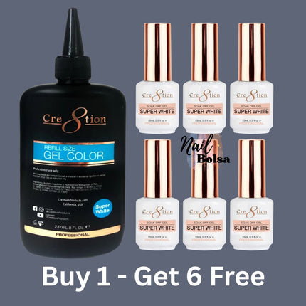 Cre8tion Soak-Off Gel Super White Refill – 8oz + FREE 6 Bottles (0.5oz)