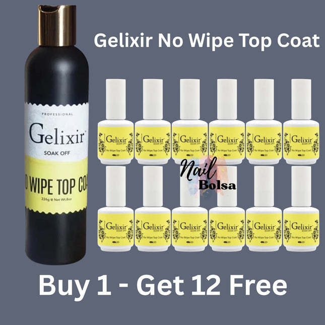 Gelixir No Wipe (No Cleanse) Gel Top Coat Refill – 8oz + FREE 12 Bottles (0.5oz)