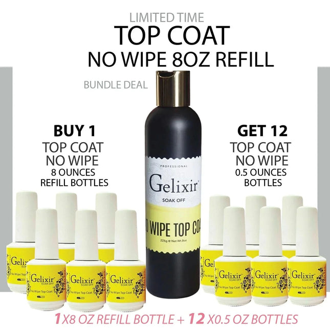 GELIXIR No Wipe (No Cleanse) Gel Top Coat Refill 8oz + Free 12 bottles 0.5oz