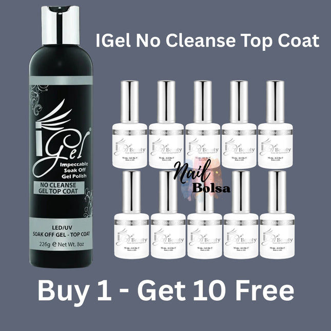 IGEL - Gel Top Coat No Cleanse (No Wipe) Refill – 8oz + FREE 10 Bottles (0.5oz)