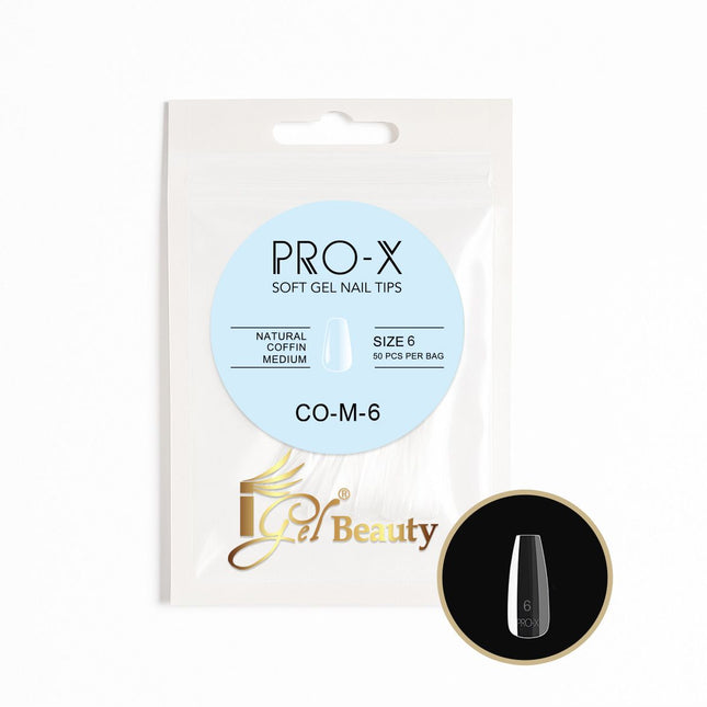 iGel PRO-X Soft Gel Nail Tips 14 - Natural Coffin Medium Size 00-9 (Refill Bag)