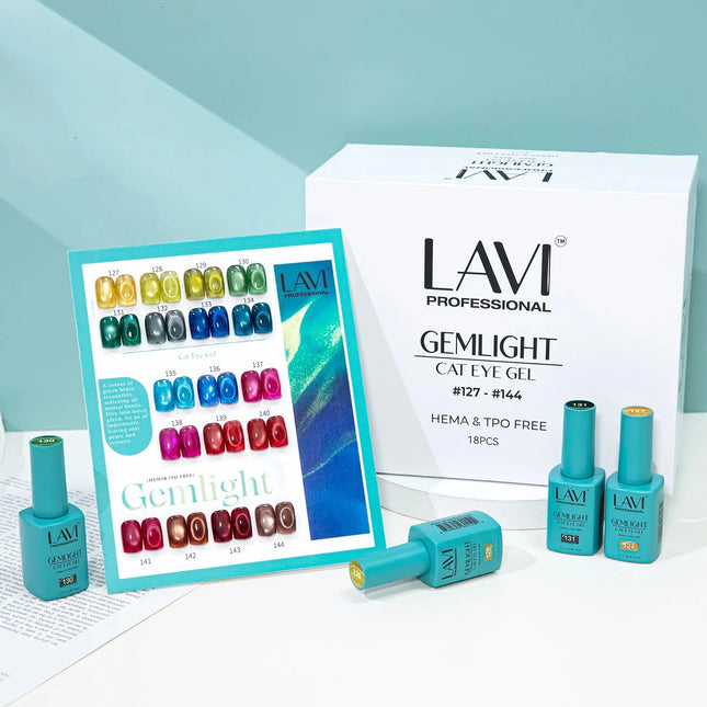 LAVI Cat Eye Gel Gemlight Collection – 18 Colors (#127–#144) + Free Counter Display & Magnet Tool