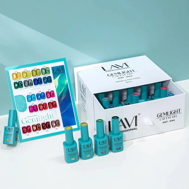 LAVI Cat Eye Gel Gemlight Collection – 18 Colors (#127–#144) + Free Counter Display & Magnet Tool