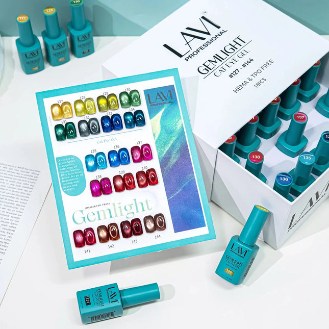 LAVI Cat Eye Gel Gemlight Collection – 18 Colors (#127–#144) + Free Counter Display & Magnet Tool