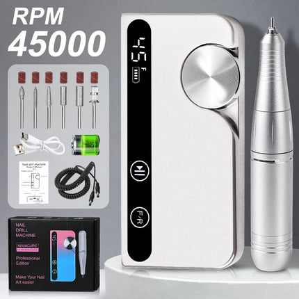 45,000RPM Professional Nail Drill – Rechargeable Low-Noise Polisher