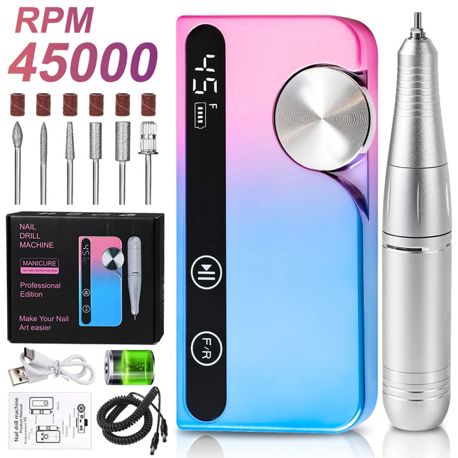 45,000RPM Professional Nail Drill – Rechargeable Low-Noise Polisher
