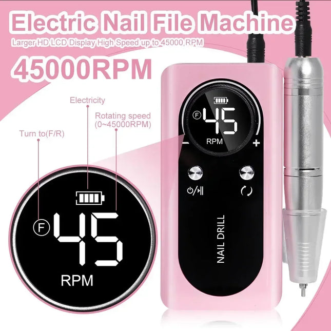 45,000RPM Professional Nail Drill – Rechargeable Metal E-File with HD Display