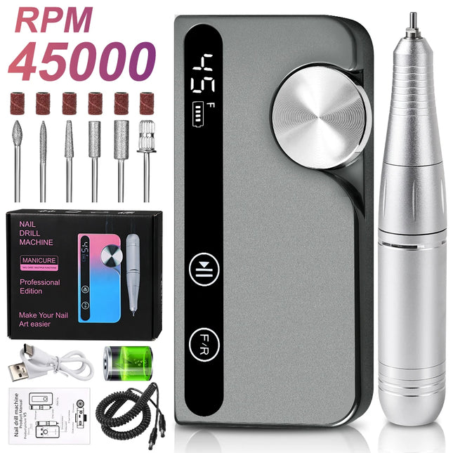 45,000RPM Professional Nail Drill – Rechargeable Low-Noise Polisher