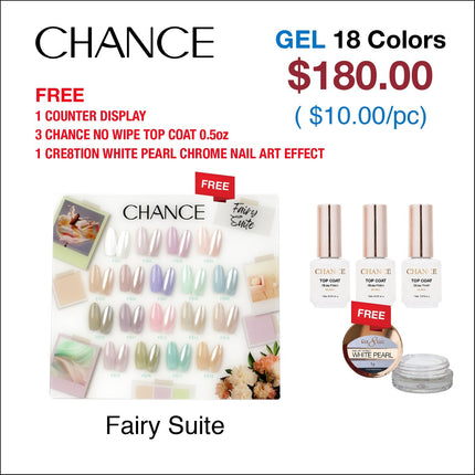 Chance Fairy Suite Collection 0.5oz - 18 Colors w/ 1 Counter Display, 3 Chance No Wipe Top Coat 0.5oz & 1 Cre8tion White Pearl Chrome