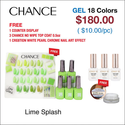 Chance Lime Splash Collection 0.5oz - 18 Colors w/ 1 Counter Display, 3 Chance No Wipe Top Coat 0.5oz & 1 Cre8tion White Pearl Chrome